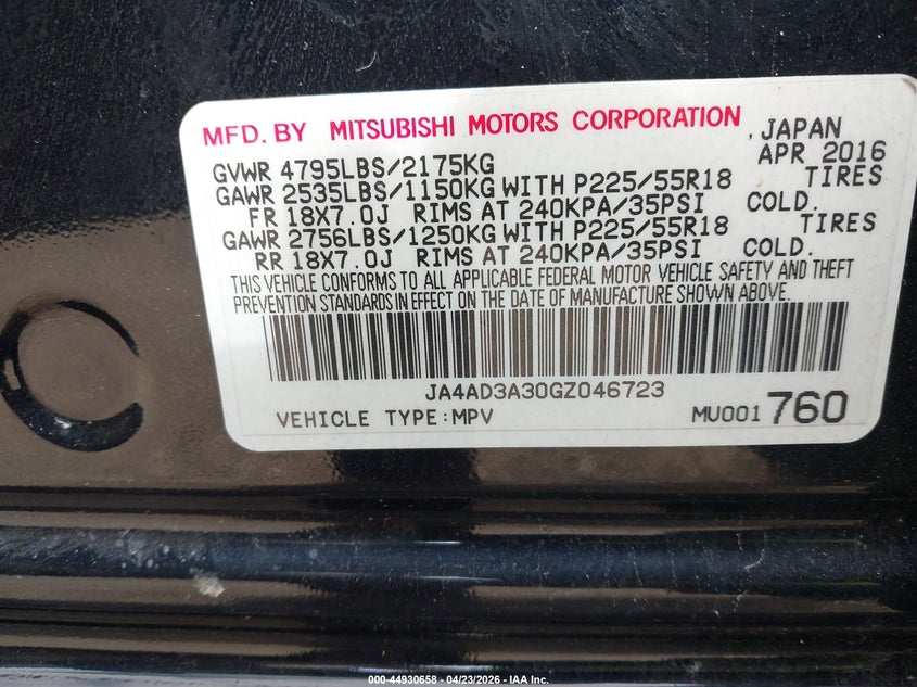 2016 MITSUBISHI OUTLANDER SPORT UTILITY VEHICLE 2.4L I-4 VVT, 166HP