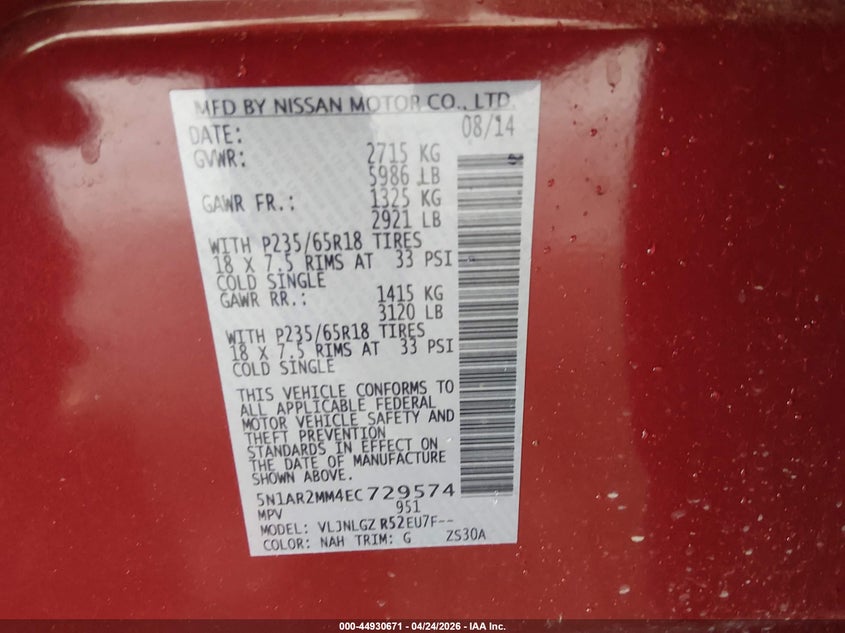 2014 Nissan Pathfinder Sl VIN: 5N1AR2MM4EC729574 Lot: 44930671