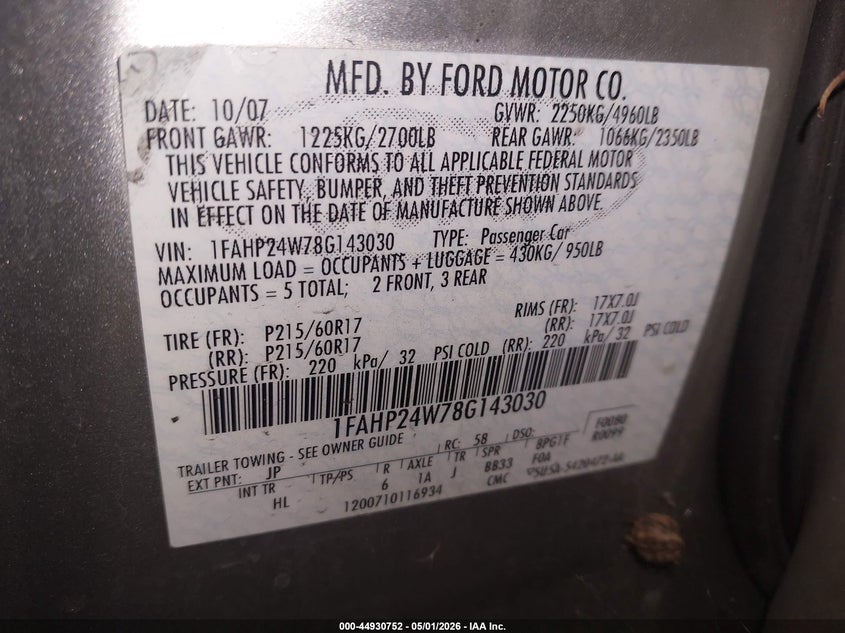 2008 Ford Taurus VIN: 1FAH024W78G143030 Lot: 44930752