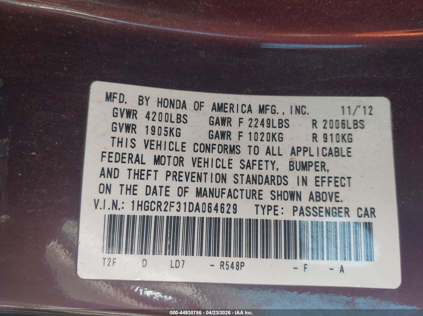 2013 HONDA ACCORD SEDAN 2.4L I-4 DI, DOHC, VVT, 185HP