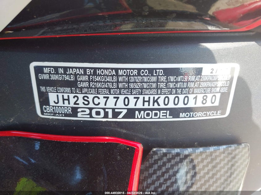 2017 Honda Cbr1000 Rr VIN: JH2SC7707HK000180 Lot: 44930815