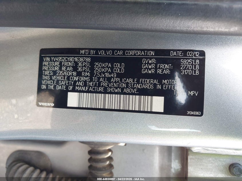 2013 Volvo Xc90 3.2/3.2 Platinum/3.2 Premier Plus VIN: YV4952CY8D1638788 Lot: 44930897