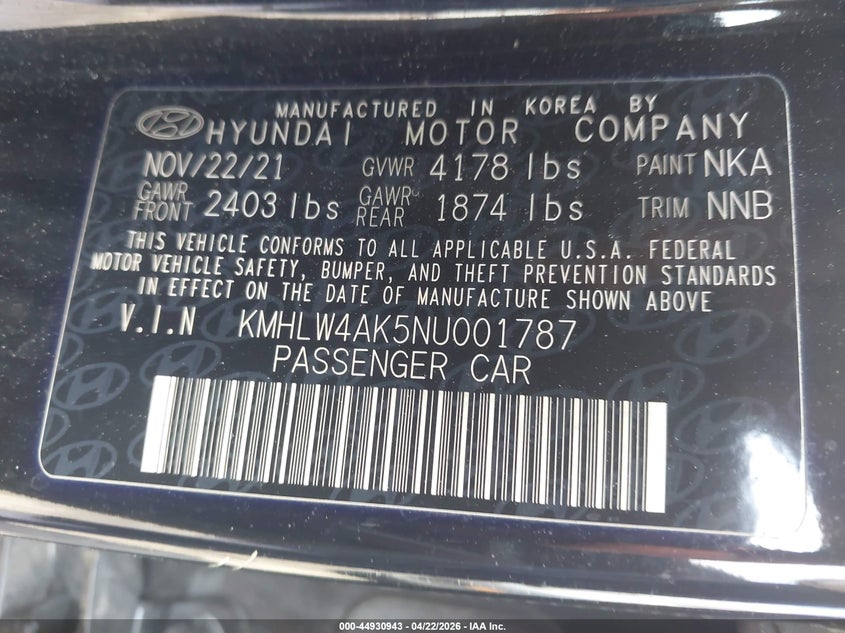 2022 Hyundai Elantra N VIN: KMHLW4AK5NU001787 Lot: 44930943
