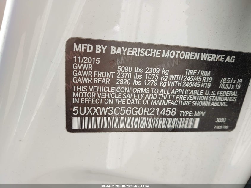 2016 BMW X4 xDrive28I VIN: 5UXXW3C56G0R21458 Lot: 44931093