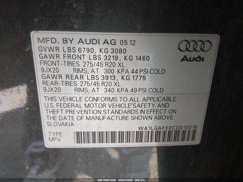 2012 Audi Q7 3.0T Premium VIN: WA1LGAFE0CD010018 Lot: 44931249