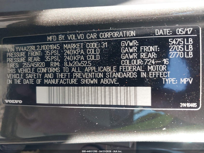 2018 Volvo Xc60 T6 Inscription VIN: YV4A22RL2J1001845 Lot: 44931250