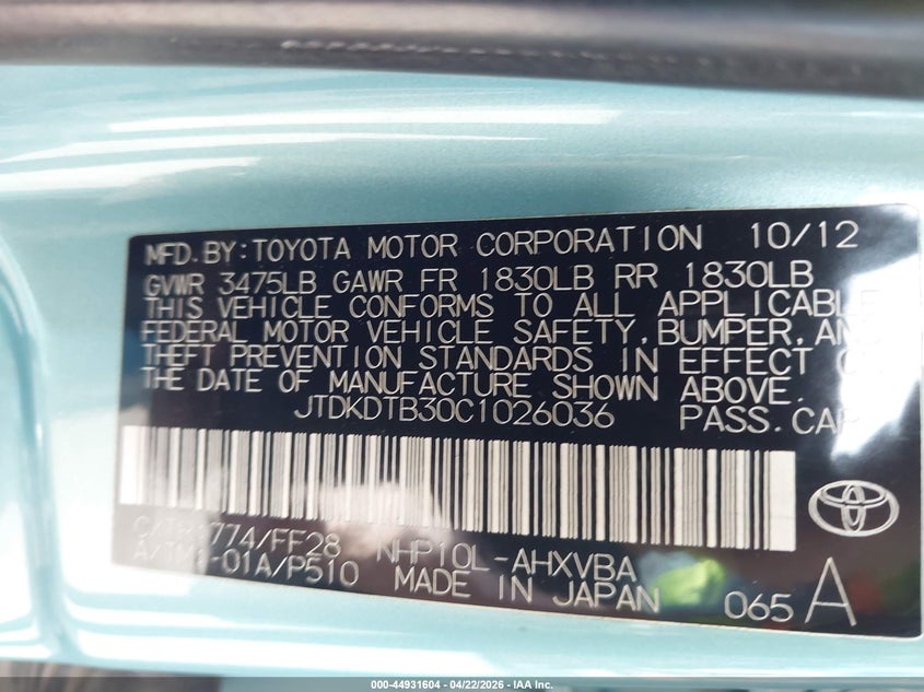 2012 Toyota Prius C Two VIN: JTDKDTB30C1026036 Lot: 44931604