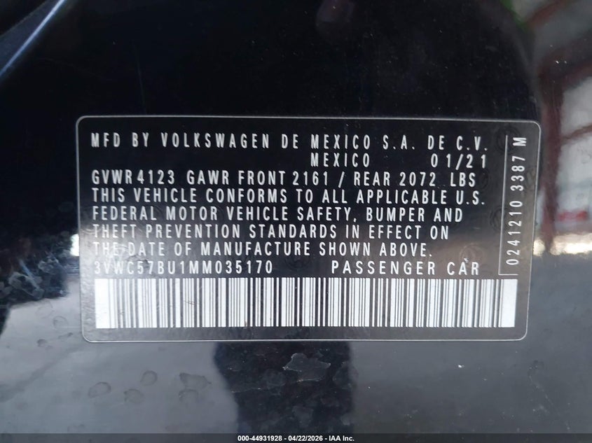 2021 Volkswagen Jetta 1.4T R-Line/1.4T S/1.4T Se VIN: 3VWC57BU1MM035170 Lot: 44931928