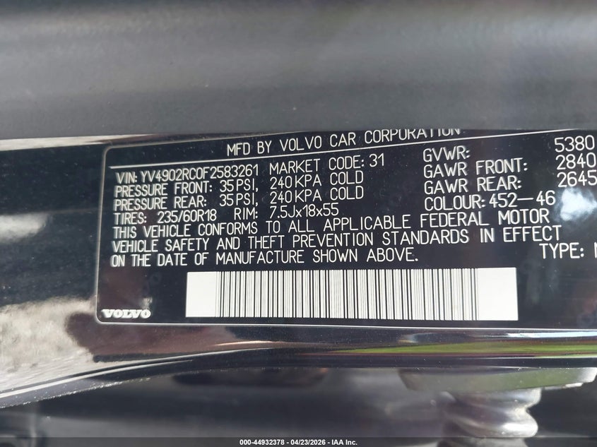 2015 Volvo Xc60 T6 Premier Plus VIN: YV4902RC0F2583261 Lot: 44932378