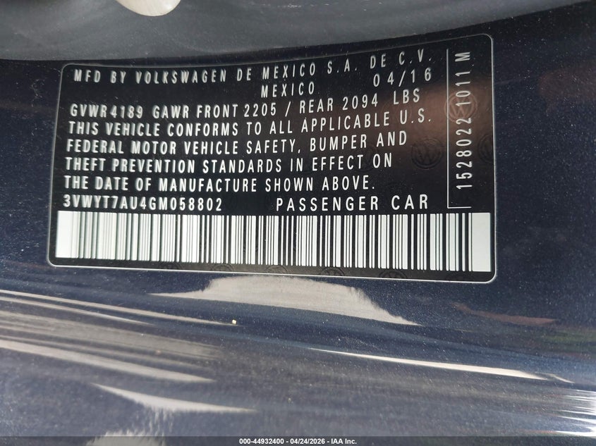 2016 Volkswagen Golf Gti S 2-Door VIN: 3VWYT7AU4GM058802 Lot: 44932400