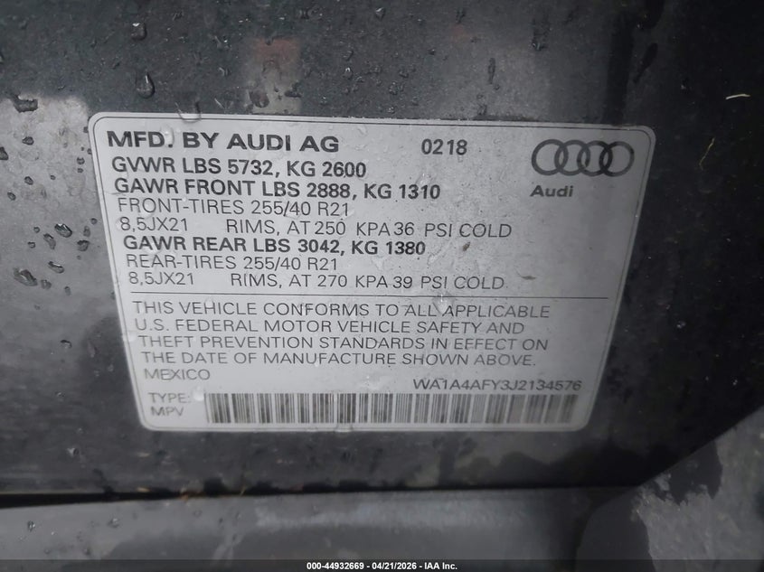 2018 Audi Sq5 3.0T Premium Plus VIN: WA1A4AFY3J2134576 Lot: 44932669