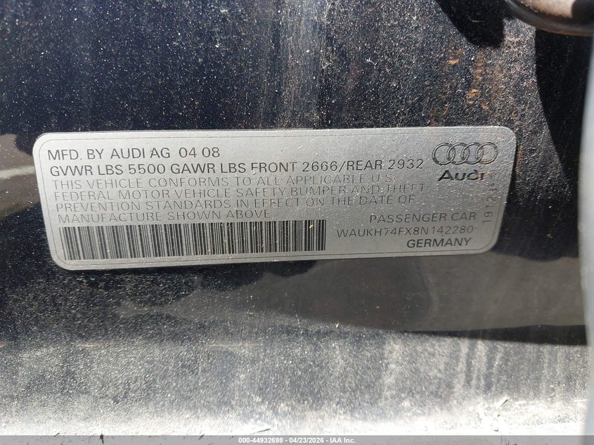 2008 Audi A6 3.2 Avant VIN: WAUKH74FX8N142280 Lot: 44932698