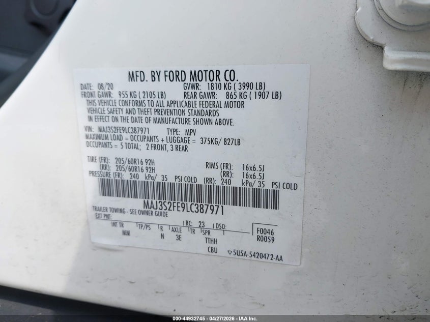 2020 FORD ECOSPORT SPORT UTILITY VEHICLE 1.0L I-3 DI, DOHC, VVT, TURBO, 123HP