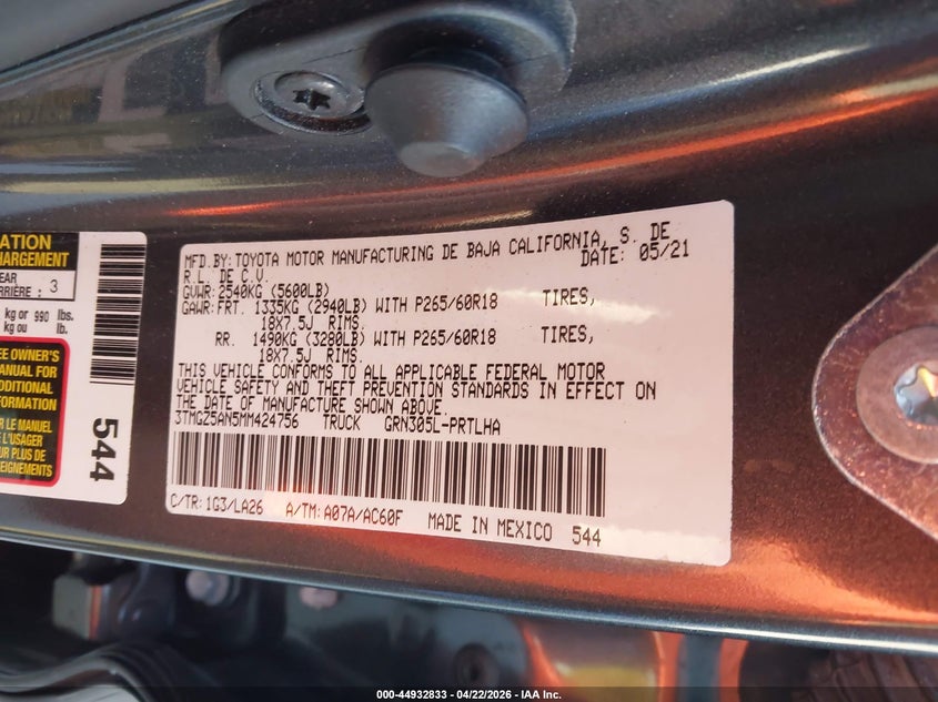 VIN 3TMGZ5AN5MM424756 2021 TOYOTA TACOMA LIMITED