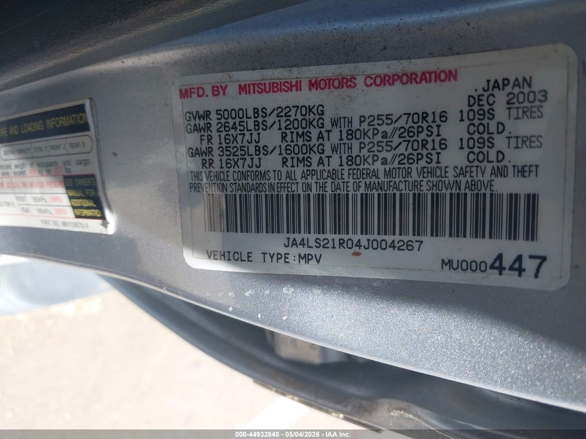 2004 Mitsubishi Montero Sport Ls VIN: JA4LS21R04J004267 Lot: 44932848