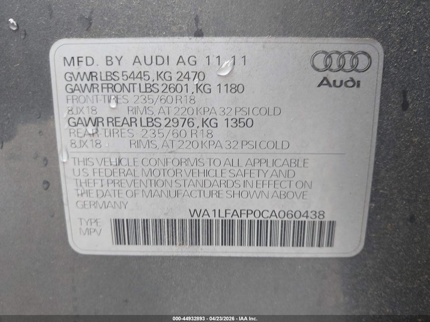2012 Audi Q5 2.0T Premium VIN: WA1LFAFP0CA060438 Lot: 44932893