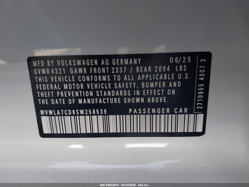 2025 Volkswagen Golf Gti 2.0T S VIN: WVWLA7CD6SW258539 Lot: 44932910