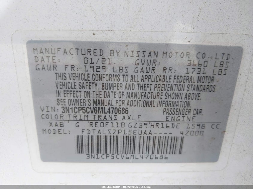 VIN 3N1CP5CV6ML470686 2021 NISSAN KICKS SV XTRONIC CVT