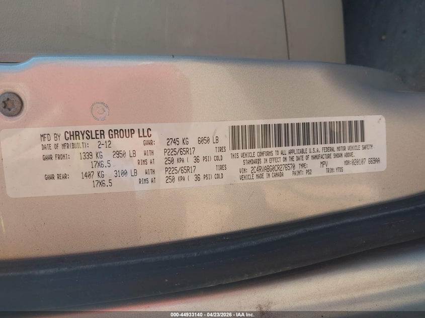 2012 Volkswagen Routan Se VIN: 2C4RVABG0CR276570 Lot: 44933140