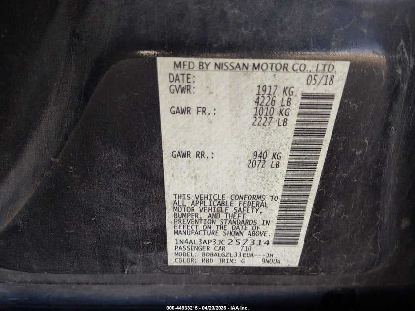 VIN 1N4AL3AP3JC257314 2018 NISSAN ALTIMA 2.5 S