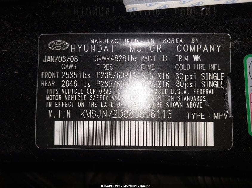 2008 Hyundai Tucson Limited V6/Se VIN: KM8JN72D88U856113 Lot: 44933269