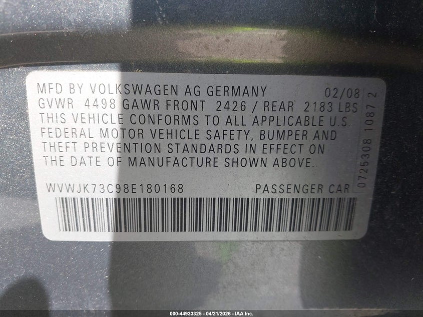 2008 Volkswagen Passat Turbo VIN: WVWJK73C98E180168 Lot: 44933325