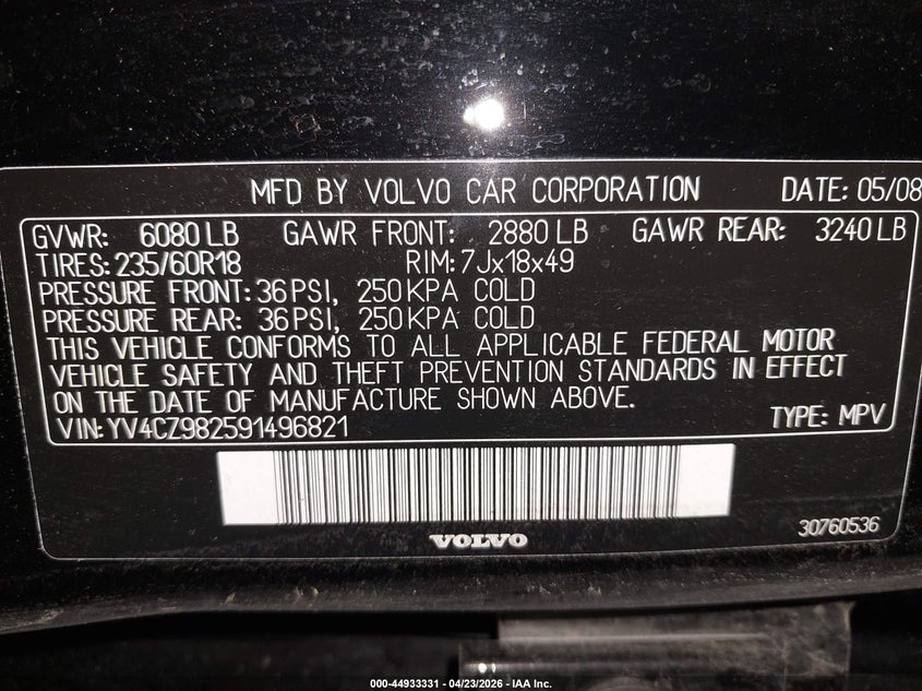 2009 Volvo Xc90 3.2 VIN: YV4CZ982591496821 Lot: 44933331