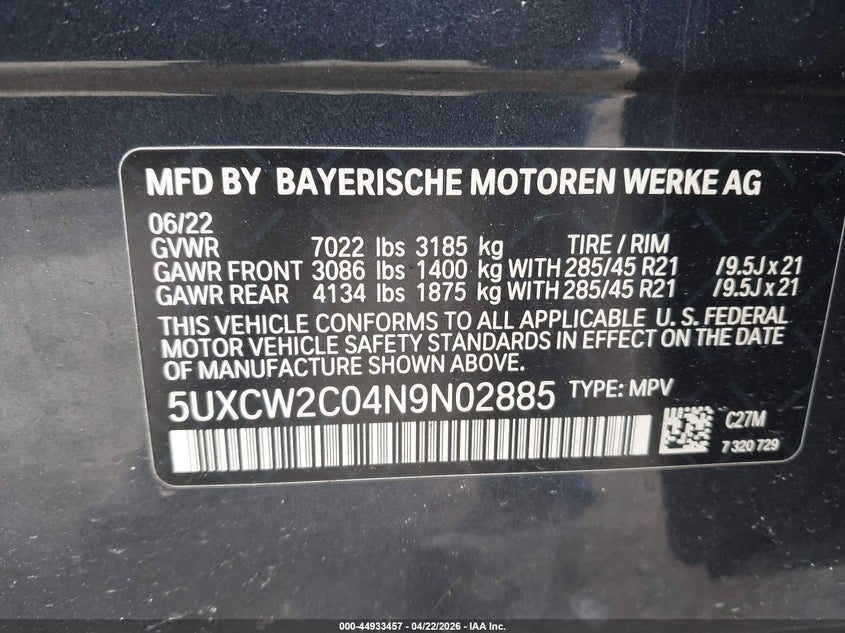 2022 BMW X7 xDrive40I VIN: 5UXCW2C04N9N02885 Lot: 44933457