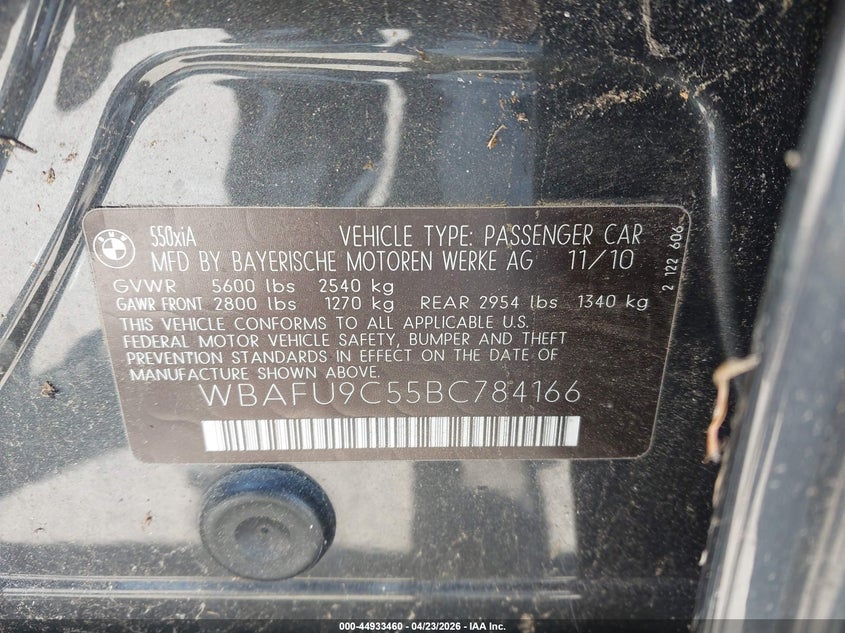 2011 BMW 550I xDrive VIN: WBAFU9C55BC784166 Lot: 44933460