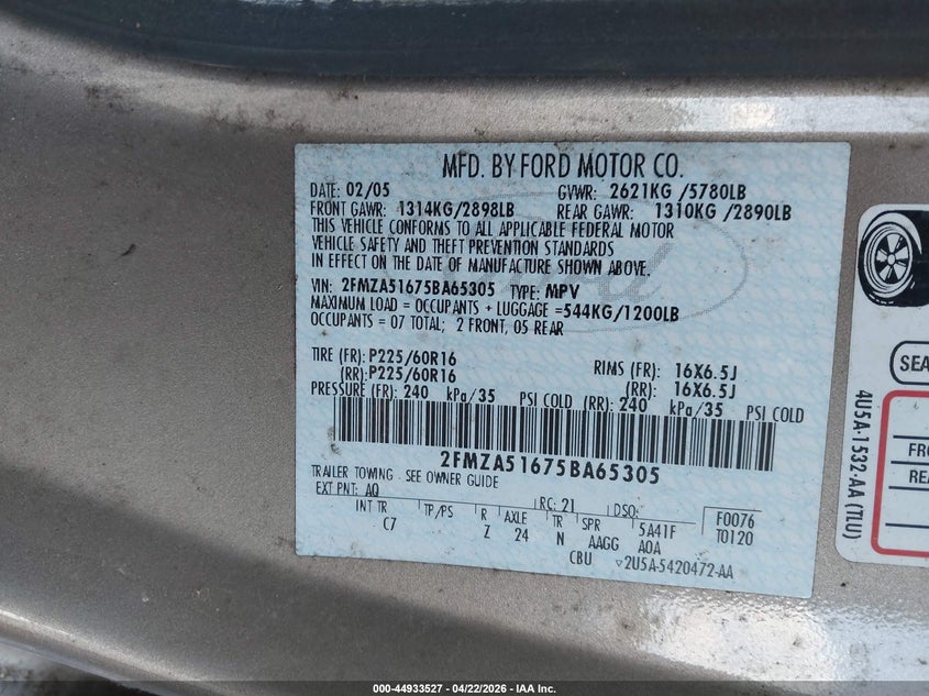 2005 Ford Freestar Se VIN: 2FMZA51675BA65305 Lot: 44933527