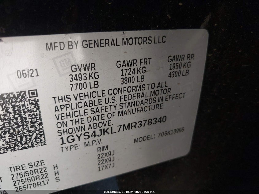 2021 Cadillac Escalade Esv 4Wd Luxury VIN: 1GYS4JKL7MR378340 Lot: 44933573