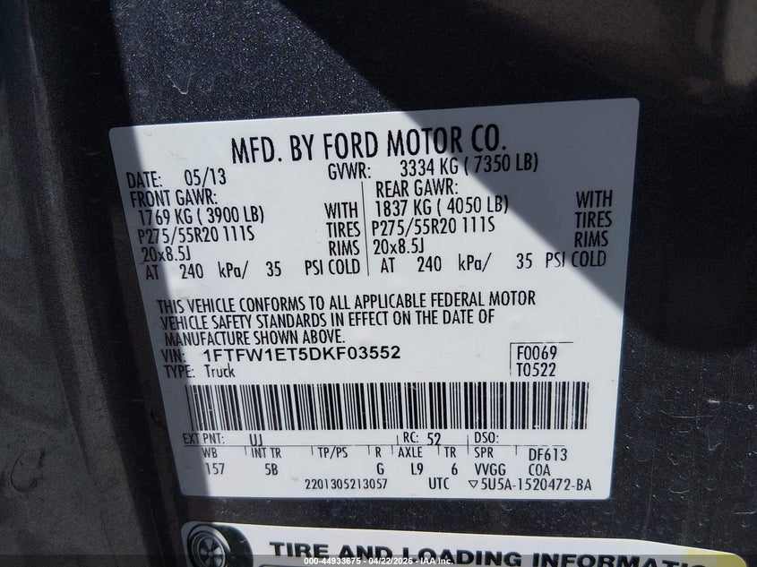 2013 FORD F-150 TRUCK 3.5L V-6 DI, DOHC, VVT, TURBO, 365HP