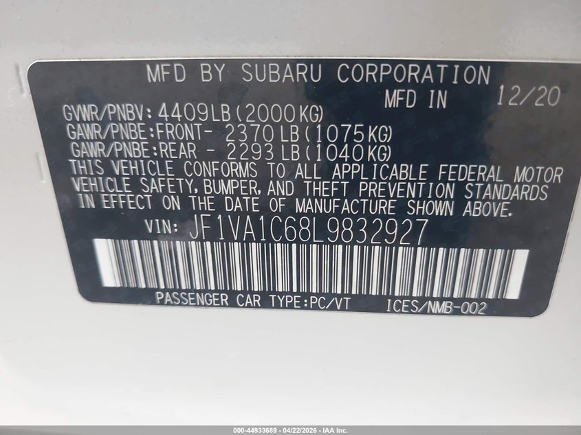 2020 Subaru Wrx Premium VIN: JF1VA1C68L9832927 Lot: 44933689