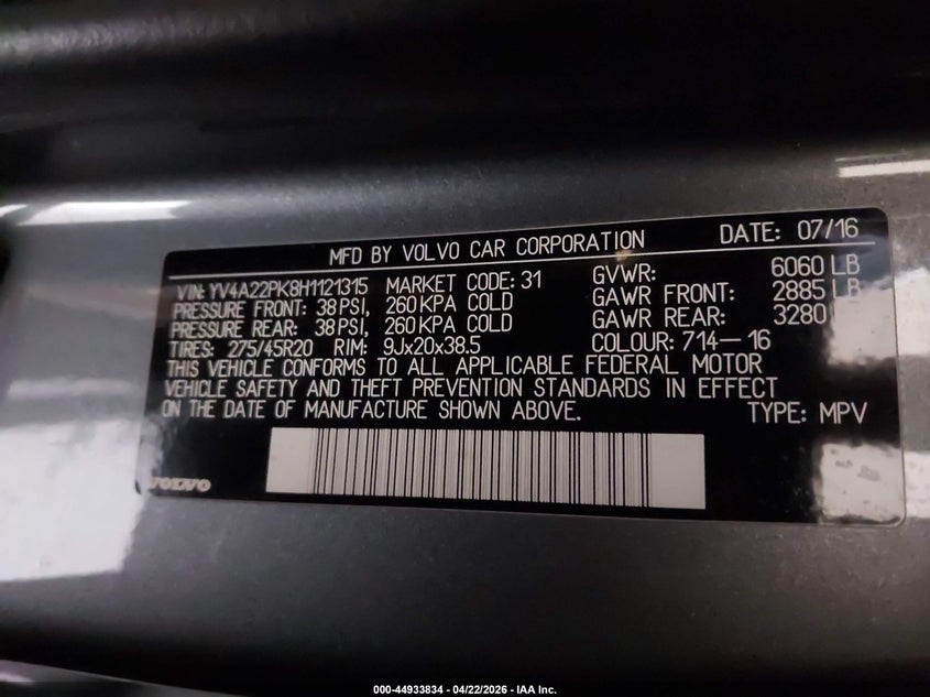 2017 Volvo Xc90 T6 Momentum VIN: YV4A22PK8H1121315 Lot: 44933834