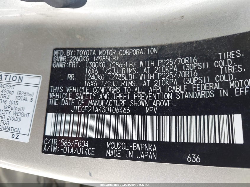 2003 Toyota Highlander V6 VIN: JTEGF21A430106466 Lot: 44933869