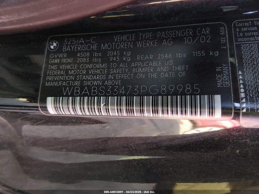 2003 BMW 325Ci VIN: WBABS33473PG89985 Lot: 44933891