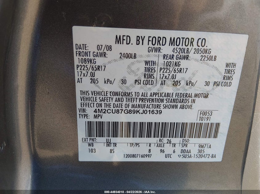 2009 Mercury Mariner Premier V6 VIN: 4M2CU87G89KJ01639 Lot: 44934018