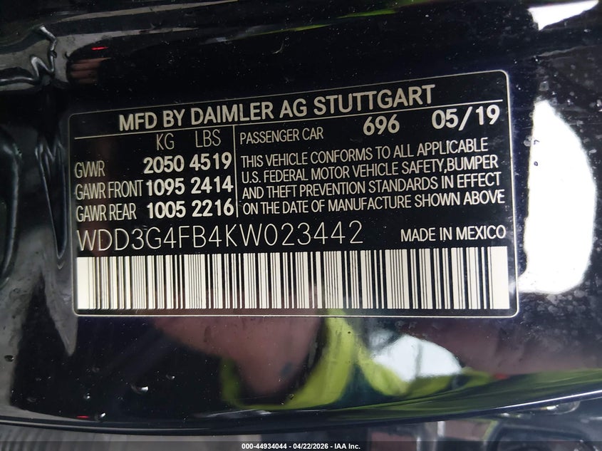 2019 Mercedes-Benz A 220 4Matic VIN: WDD3G4FB4KW023442 Lot: 44934044