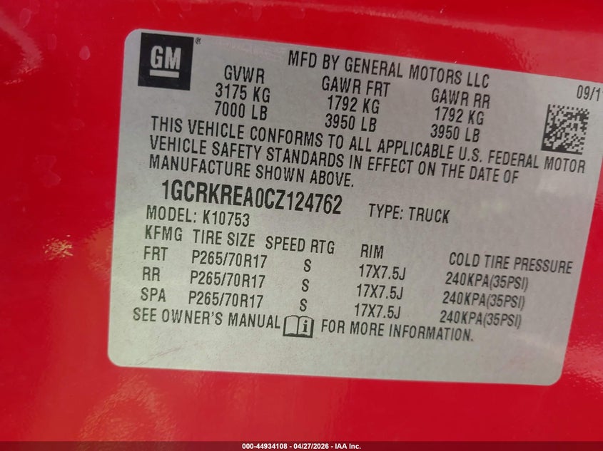 2012 Chevrolet Silverado 4.8 1500 Ls red Lot 111044934108 Vin 1GCRKREA0CZ124762