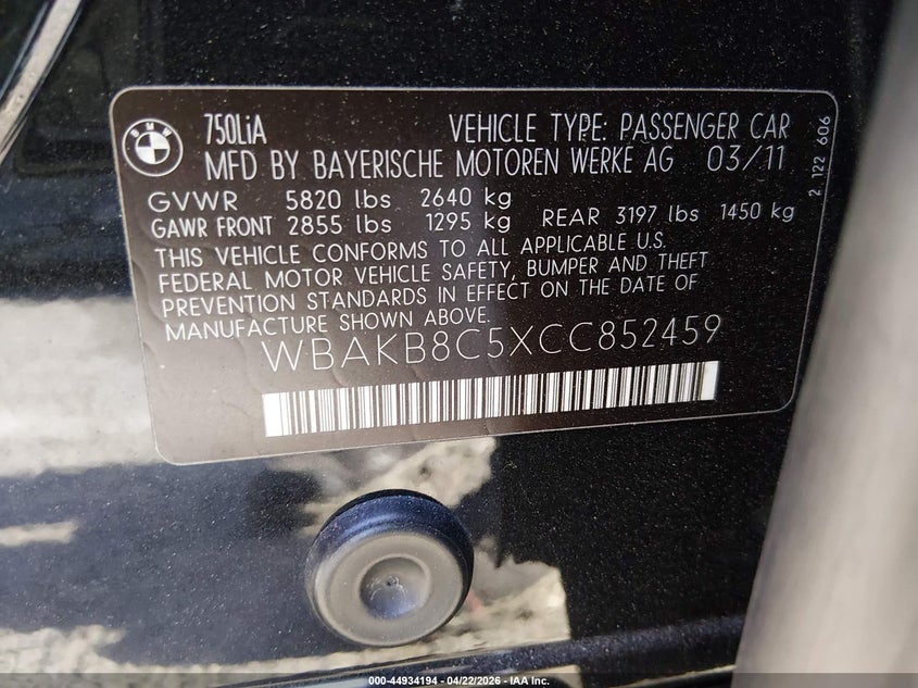 2012 BMW 750Li VIN: WBAKB8C5XCC852459 Lot: 44934194