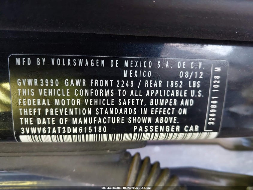 2013 Volkswagen Beetle Turbo VIN: 3VWV67AT3DM615180 Lot: 44934206