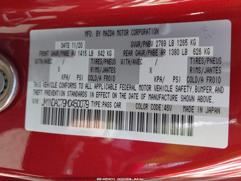 VIN: JM1NDAC79M0450079 2021 MAZDA MX-5 MIATA CLUB