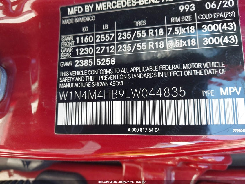 2020 Mercedes-Benz Glb 250 4Matic VIN: W1N4M4HB9LW044835 Lot: 44934346