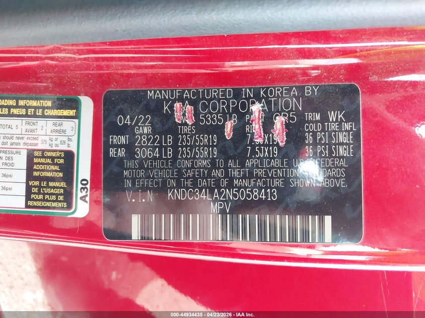 2022 Kia Ev6 Wind VIN: KNDC34LA2N5058413 Lot: 44934435