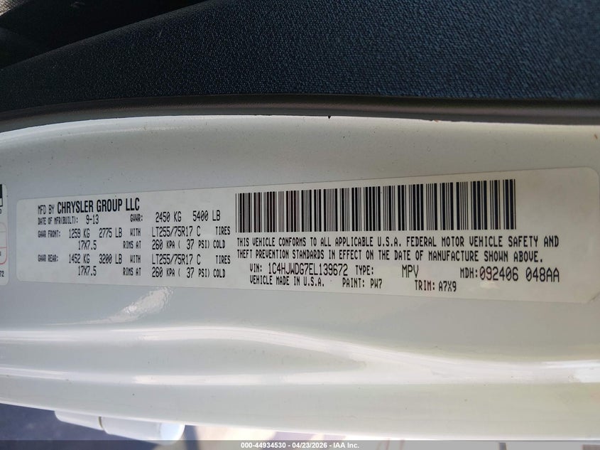 JEEP WRANGLER UNLIMITED 2014 VIN 1C4HJWDG7EL139672