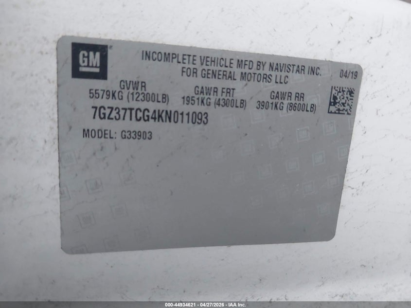 2019 GMC Savana Cutaway Work Van VIN: 7GZ37TCG4KN011093 Lot: 44934621