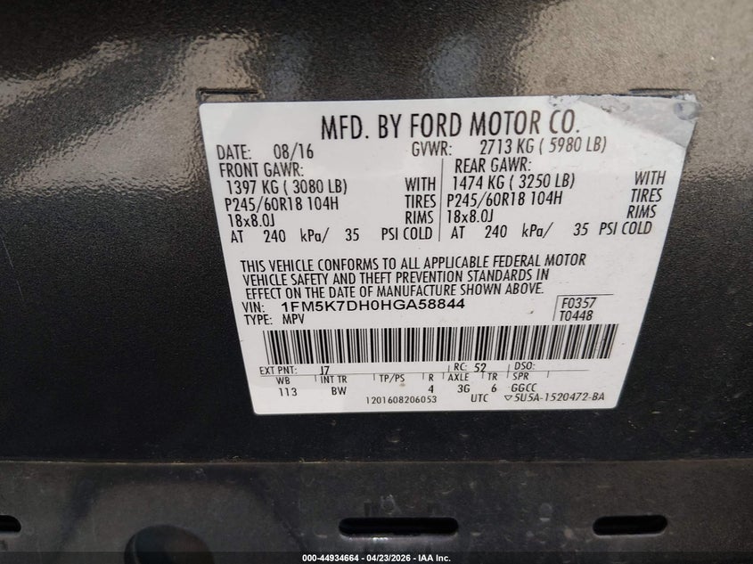 VIN 1FM5K7DH0HGA58844 2017 FORD EXPLORER XLT