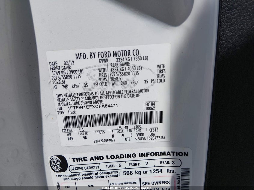 2012 Ford F-150 5.0 Platinum white Lot 111044934869 Vin 1FTFW1EFXCFA84471
