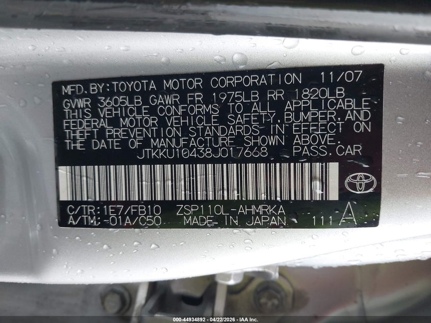 2008 Scion Xd VIN: JTKKU10438J017668 Lot: 44934892
