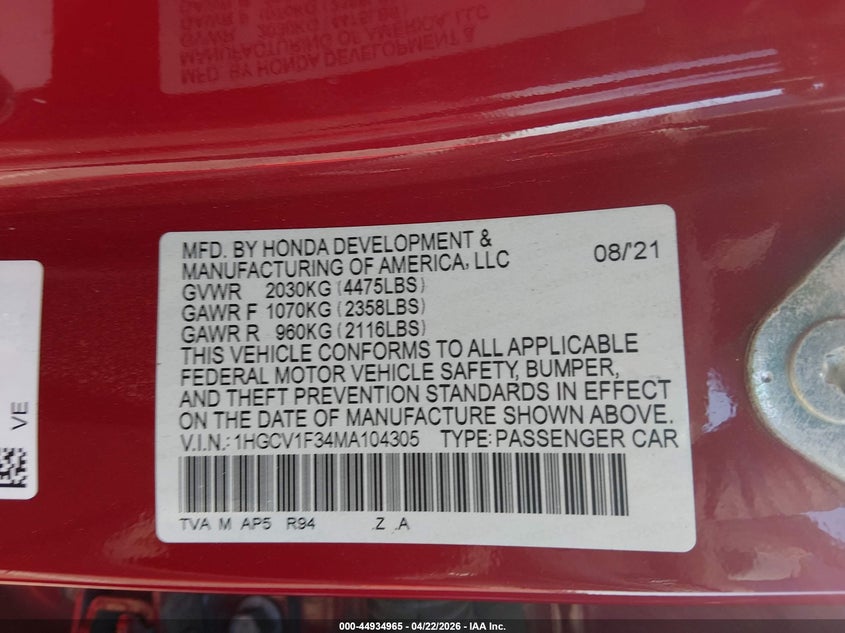 2021 HONDA ACCORD SPORT — Photo 9